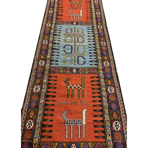 85 - VINTAGE PERSIAN TRIBAL SUMAK RUNNER, 410cm x 95cm.