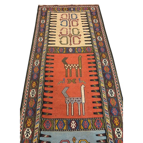 85 - VINTAGE PERSIAN TRIBAL SUMAK RUNNER, 410cm x 95cm.