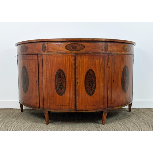 384 - DEMI LUNE SIDE CABINET, 19th century Sheraton design painted satinwood, yew wood and harewood with f... 