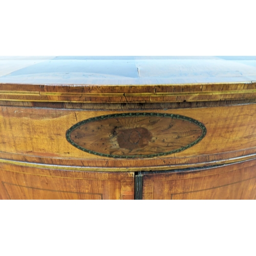 384 - DEMI LUNE SIDE CABINET, 19th century Sheraton design painted satinwood, yew wood and harewood with f... 