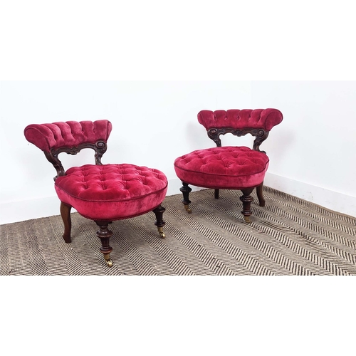 113 - SLIPPER CHAIRS, by Thomas Fox, a pair, Victorian walnut with low backs in red velvet on later brass ... 