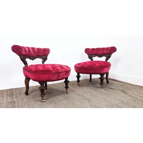 113 - SLIPPER CHAIRS, by Thomas Fox, a pair, Victorian walnut with low backs in red velvet on later brass ... 