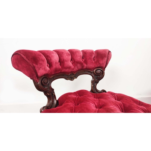 113 - SLIPPER CHAIRS, by Thomas Fox, a pair, Victorian walnut with low backs in red velvet on later brass ... 