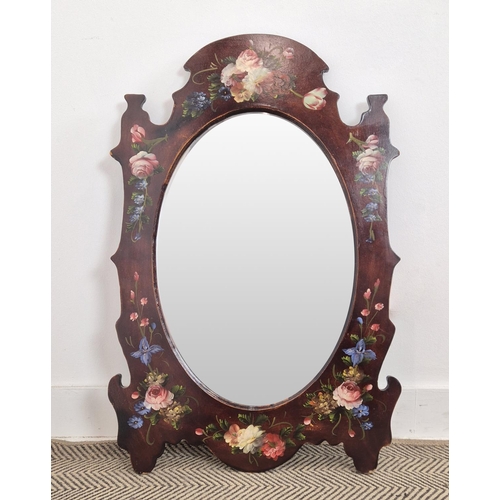 12 - HANDPAINTED FLORAL WALL MIRROR, with oval bevelled glass mirror to centre, 90cm H x 60cm W.