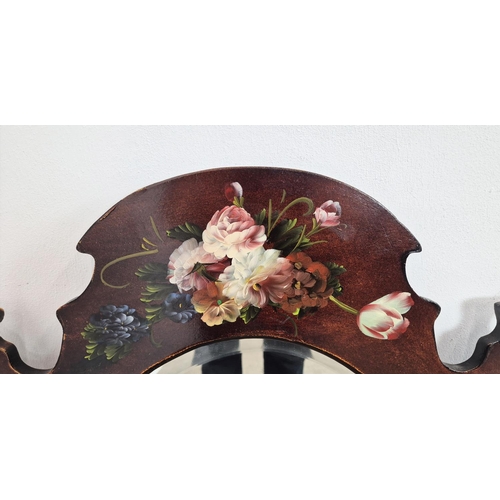 12 - HANDPAINTED FLORAL WALL MIRROR, with oval bevelled glass mirror to centre, 90cm H x 60cm W.