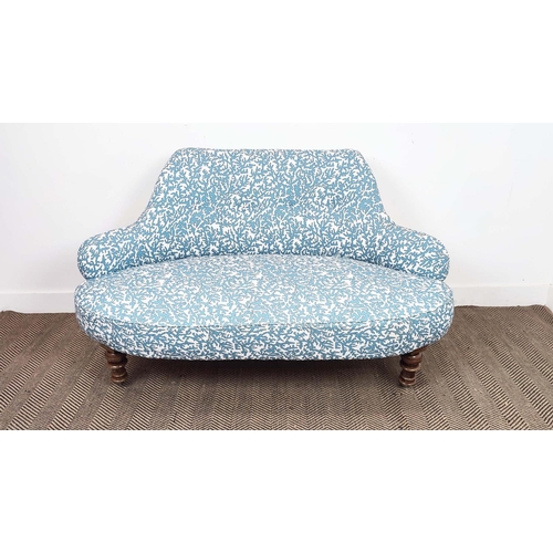 175 - SOFA, Victorian in blue and white patterned material on later chrome castors, 85cm H x 144cm W.