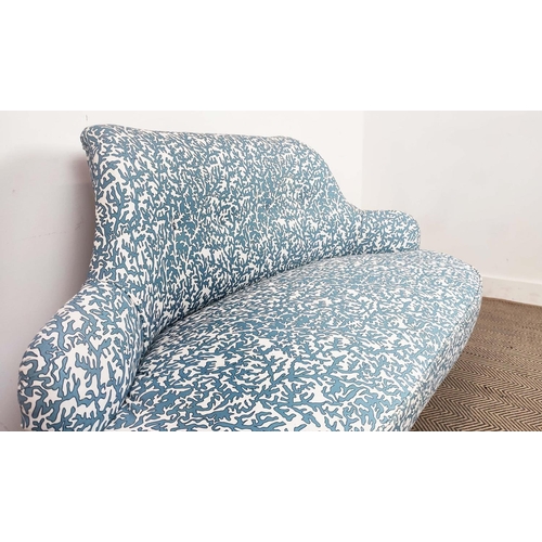 175 - SOFA, Victorian in blue and white patterned material on later chrome castors, 85cm H x 144cm W.