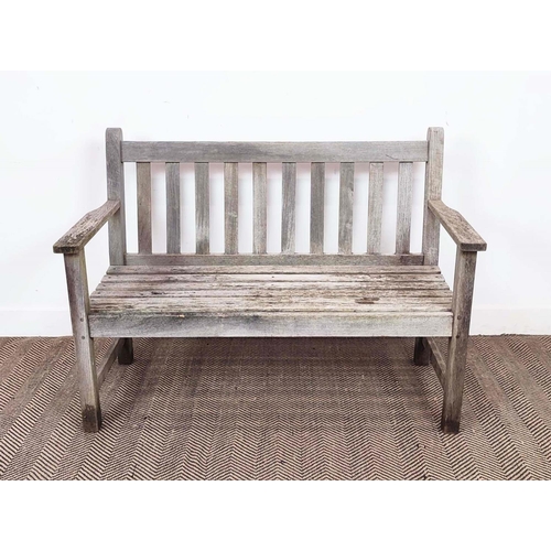 178 - GARDEN BENCH BY BARLOW TYRIE, weathered teak, 85cm H x 119cm W x 59cm D.