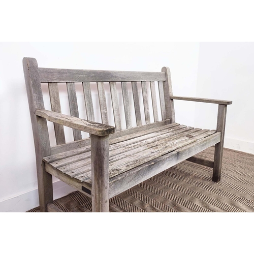 178 - GARDEN BENCH BY BARLOW TYRIE, weathered teak, 85cm H x 119cm W x 59cm D.