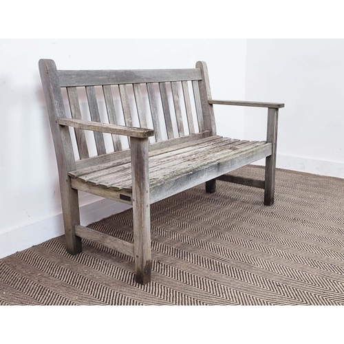 178 - GARDEN BENCH BY BARLOW TYRIE, weathered teak, 85cm H x 119cm W x 59cm D.