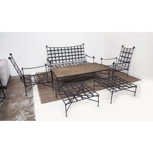 398 - GARDEN SOFA, by Heveningham, metal, with cushions, along with two chairs, two footstools and a coffe... 