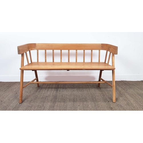 410 - BENCH, wooden with spindle back raised on stretchered supports, 75cm H x 126cm W x 45cm D.