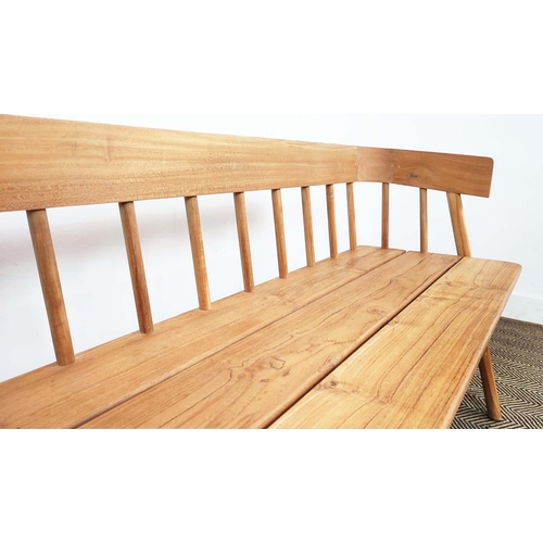 410 - BENCH, wooden with spindle back raised on stretchered supports, 75cm H x 126cm W x 45cm D.