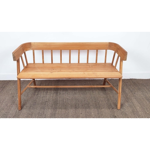 410 - BENCH, wooden with spindle back raised on stretchered supports, 75cm H x 126cm W x 45cm D.