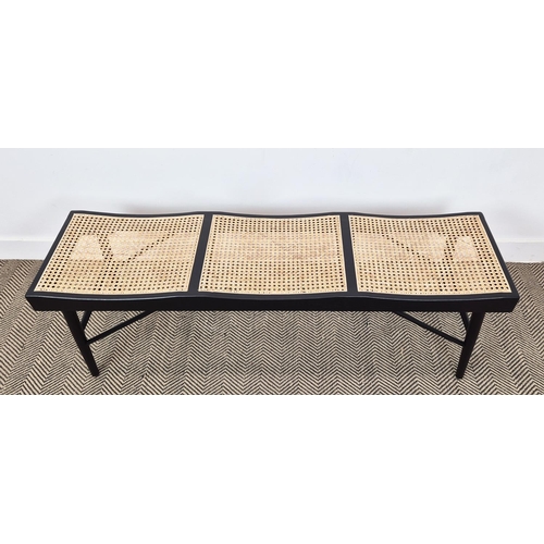 411 - BENCH, ebonised with three caned seats, 47cm H x 140cm W x 38cm D