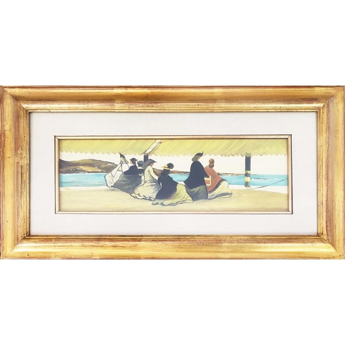 61 - FOLLOWER OF EUGENE BOUDIN, 'Beach Scene with Figures', oil on canvas, 12cm x 34cm, framed