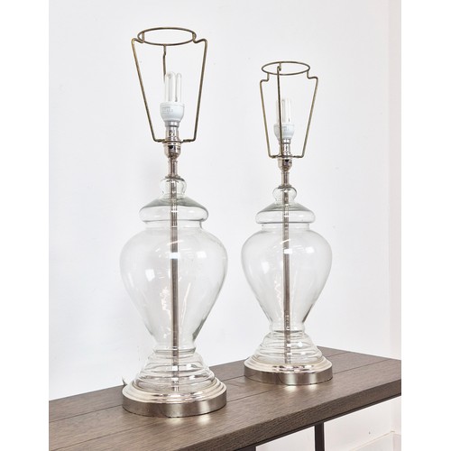 155 - TABLE LAMPS, By Coach House Interiors with shades by Porta Romana, a pair, glass of urn form, 50cm H... 