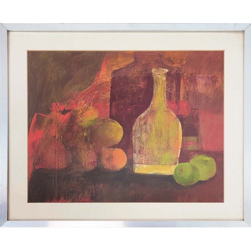 69 - MANNER OF AKBAR PADAMSEE, 'Still Life with fruit and bottle', oil on paper, 35cm x 45cm, framed.