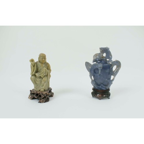 28 - CHINESE BLUE AGATE LIDDED DRAGON VASE, a soapstone carved scholar, a lapis lazuli happy Buddha, pier... 