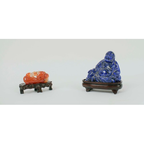 28 - CHINESE BLUE AGATE LIDDED DRAGON VASE, a soapstone carved scholar, a lapis lazuli happy Buddha, pier... 