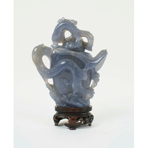 28 - CHINESE BLUE AGATE LIDDED DRAGON VASE, a soapstone carved scholar, a lapis lazuli happy Buddha, pier... 