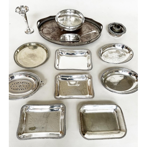 115 - SILVER PLATED TRAY, 19th century oval galleried tray together with a footed bowl, serving dishes, pl... 