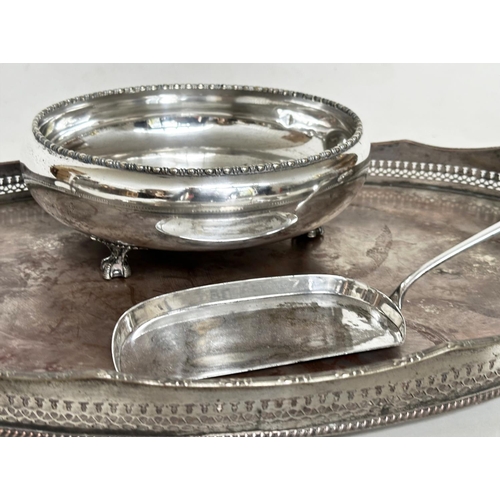 115 - SILVER PLATED TRAY, 19th century oval galleried tray together with a footed bowl, serving dishes, pl... 