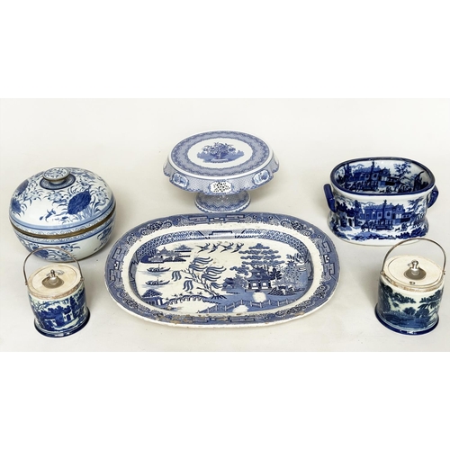 118 - BLUE AND WHITE CERAMICS, a selection, including a 'spode' footed cake stand, a large 19th century wi... 