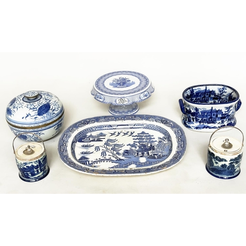 118 - BLUE AND WHITE CERAMICS, a selection, including a 'spode' footed cake stand, a large 19th century wi... 