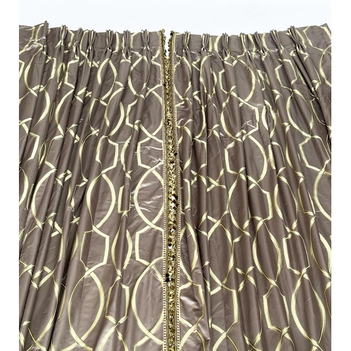 119 - CURTAINS, a pair, double sided and interlined taupe silk and trellis, interwoven with tassel contras... 