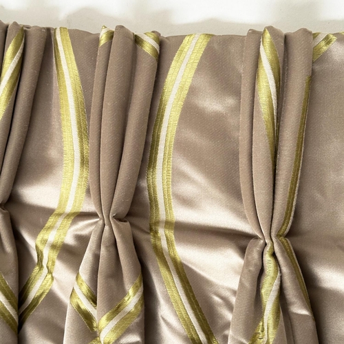 119 - CURTAINS, a pair, double sided and interlined taupe silk and trellis, interwoven with tassel contras... 