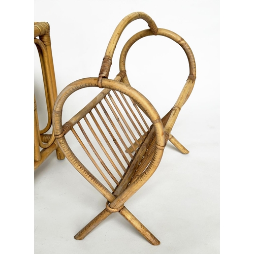 120 - OCCASIONAL TABLES, two matched rattan framed panelled and cane bound, together with two magazine rac... 