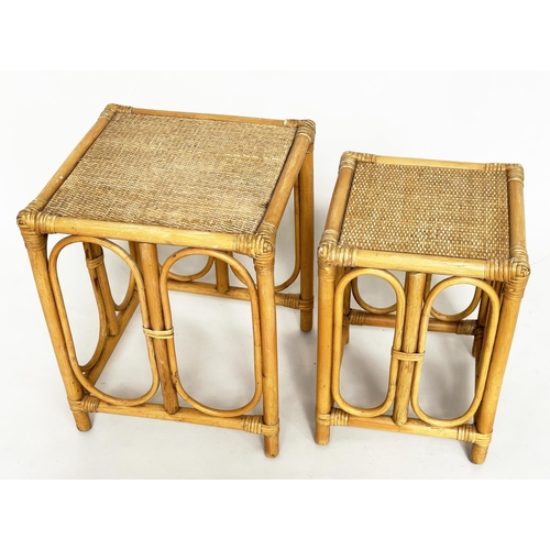 120 - OCCASIONAL TABLES, two matched rattan framed panelled and cane bound, together with two magazine rac... 