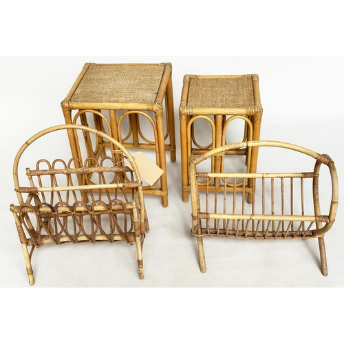 120 - OCCASIONAL TABLES, two matched rattan framed panelled and cane bound, together with two magazine rac... 