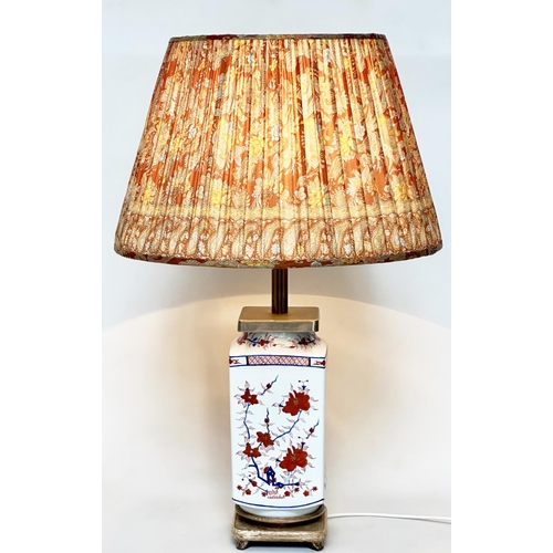 123 - TABLE LAMP, Chinese ceramic with silvered mounts and wooden base (with shade), 80cm H.