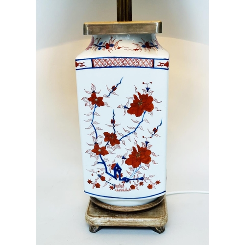 123 - TABLE LAMP, Chinese ceramic with silvered mounts and wooden base (with shade), 80cm H.