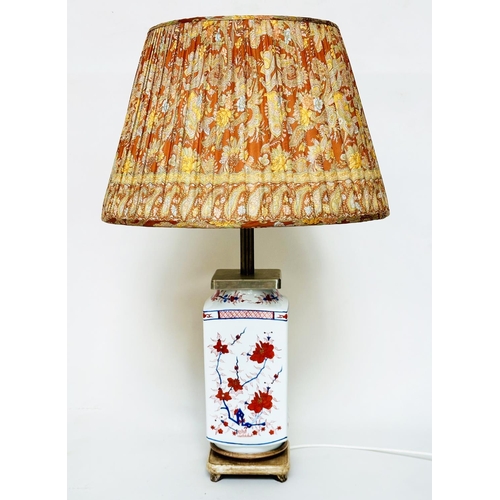 123 - TABLE LAMP, Chinese ceramic with silvered mounts and wooden base (with shade), 80cm H.