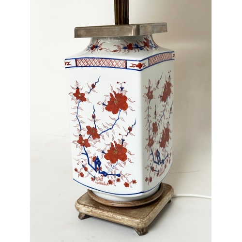 123 - TABLE LAMP, Chinese ceramic with silvered mounts and wooden base (with shade), 80cm H.