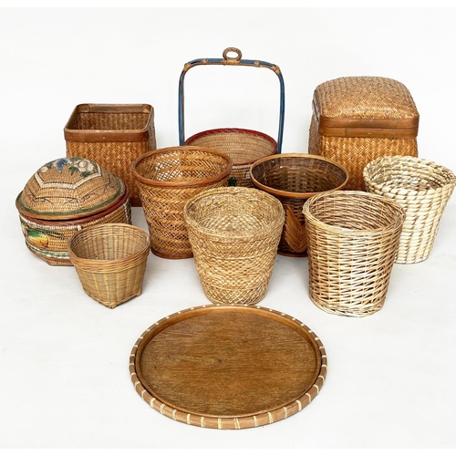 124 - BASKETWARE, including waste paper bin lidded baskets and a tray. (11)