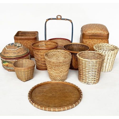 124 - BASKETWARE, including waste paper bin lidded baskets and a tray. (11)