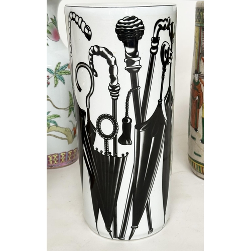 133 - STICK STAND, black and white ceramic cylinder form together with a 19th century Chinese stick stand,... 