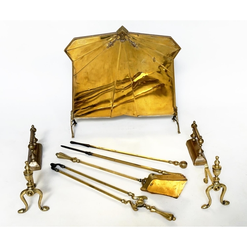 134 - FIRE IRONS, Art Nouveau brass fire irons together with two pairs of 19th century brass fire dogs and... 