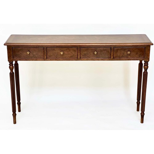 147 - HALL TABLE, George III design burr walnut and crossbanded with four frieze drawers and turned suppor... 