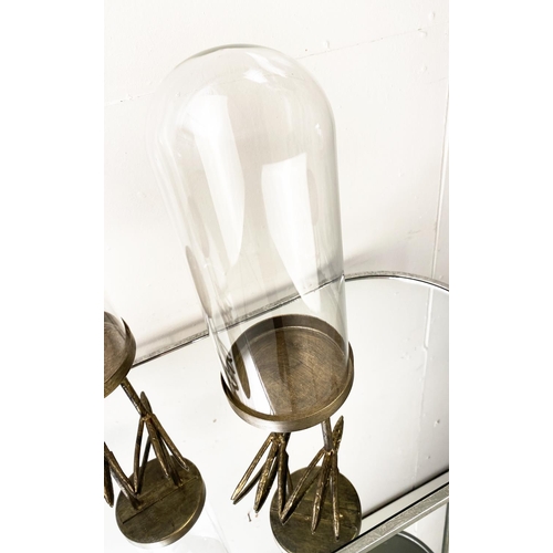 381 - DOMED DISPLAY CASES, a set of three, on gilt metal birds feet stands, 45cm H (3)