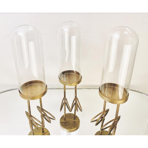 381 - DOMED DISPLAY CASES, a set of three, on gilt metal birds feet stands, 45cm H (3)