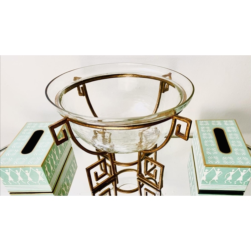 382 - CENTRE BOWL, on a gilt metal Greek key base, together with two tissue boxes, bowl 25cm H x 46cm W (3... 