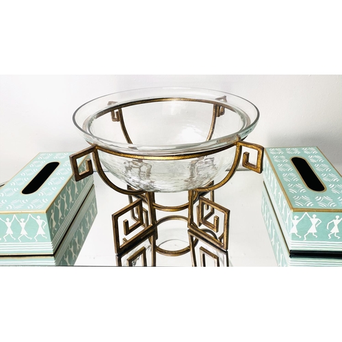 382 - CENTRE BOWL, on a gilt metal Greek key base, together with two tissue boxes, bowl 25cm H x 46cm W (3... 