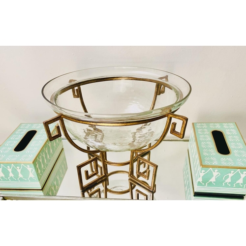 382 - CENTRE BOWL, on a gilt metal Greek key base, together with two tissue boxes, bowl 25cm H x 46cm W (3... 