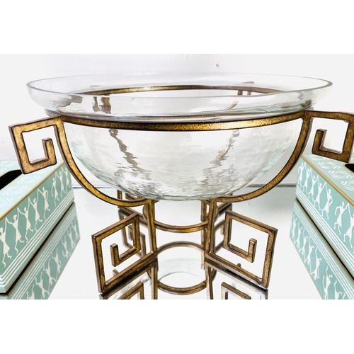 382 - CENTRE BOWL, on a gilt metal Greek key base, together with two tissue boxes, bowl 25cm H x 46cm W (3... 