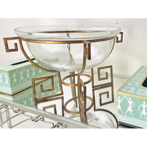 382 - CENTRE BOWL, on a gilt metal Greek key base, together with two tissue boxes, bowl 25cm H x 46cm W (3... 